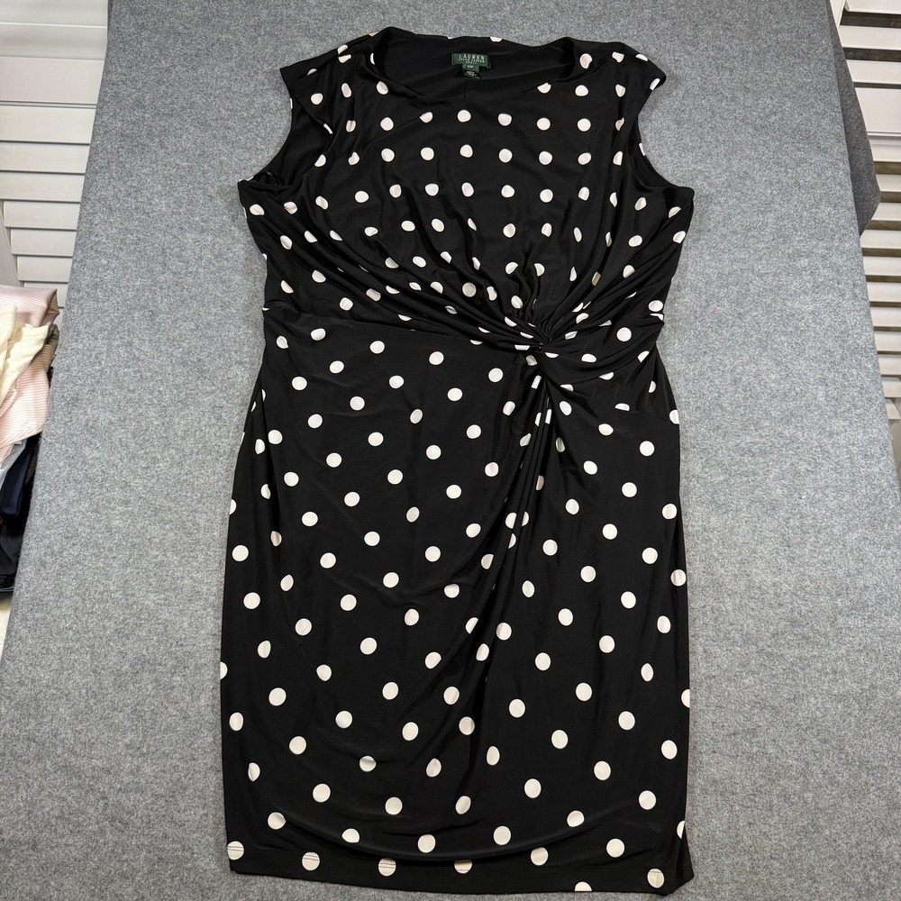 Lauren Ralph Lauren Dress Womens 22W Black Polka Dot Ruched Jersey Sheath
